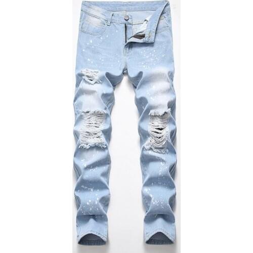 Men Jeans Hip Hop Light Color Stretchy Holes Straight Loose Denim Pants Casual Fashion The Streets Men High Quality Trousers
