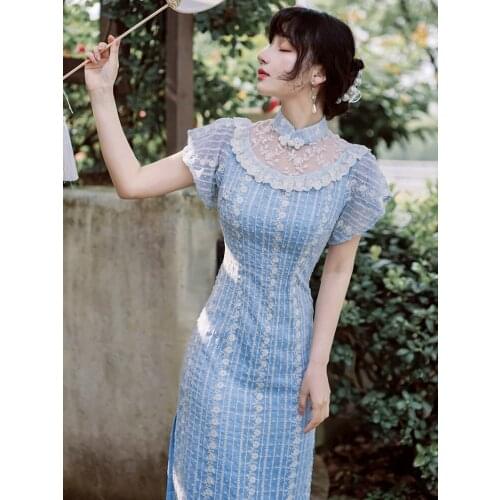 2021 Summer New Womens Chinese Style New Style Side Slit Lace Stitching Cheongsam Slim Dress Embroidered Mid-Length Dress