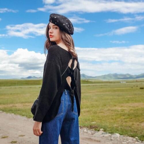 MUICHES Bow Backless Knitted Pullover Female O-Neck Long Sleeve Loose Thin Sweater For Women 2021 New Streetwear Ocersize