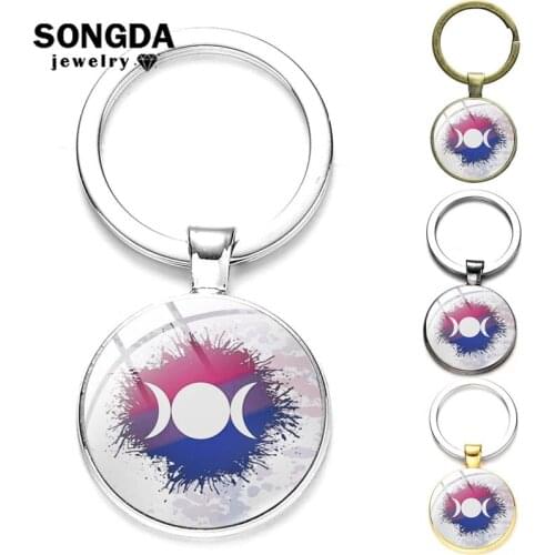 SONGDA Key Chain Rainbow Bisexual Triple Goddess Symbol Metal Key Ring Glass Cabochon Four Color Pendant Fashionable Key Trinket