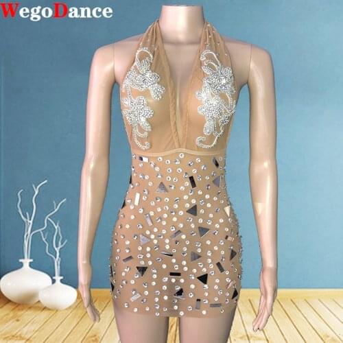 Sexy See Through Shining Rhinestone Mini Dress Women Fashion Split Irregular Backless Nightclub Party Costume