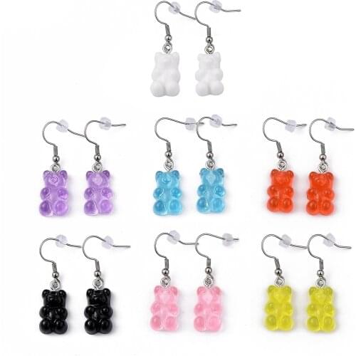 50 Pairs Multicolor Cute Bear Translucent Resin Dangle Earrings with 304 Stainless Steel Earring Hoops & Ear Nuts Women Jewelry