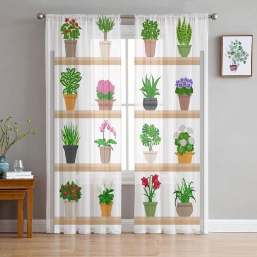 Youth Bedroom Sheer Curtains Plant Potted Cactus Flower Kitchen Study Hanging Curtains Living Room Holiday Decor Tulle Curtains