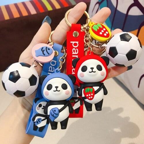 Cute Football Panda Keychain Kawaii Strawberry PVC Figures Keyring Pendant Accessories For Ladies Car Bag Ornament