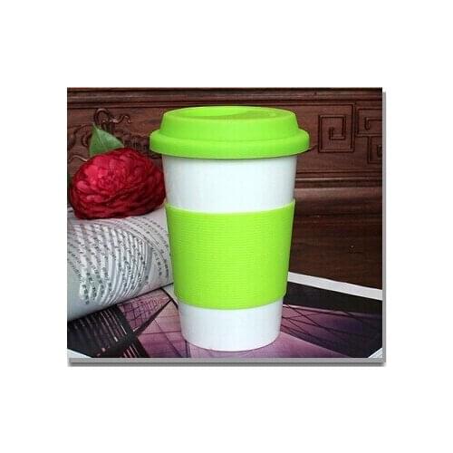 Heat insulated cup ceramic with lid and silicone rubber case reusable travel mug porcelain, logo printing cup
