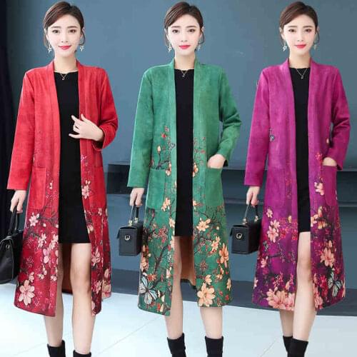 Spring Autumn Suede Trench Coat Women New Fashion Printed Mid-long Outerwear Korean Slim Plus Size 5XL Cape Cardigan Coats J441