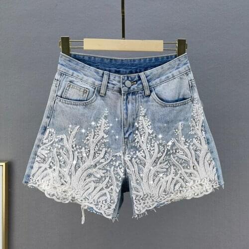 Fashion Diamond Beaded Denim Shorts Women 2021 Summer New Loose High Waist Light Blue Embroidery Wide Leg Hot Pants Femme G1203