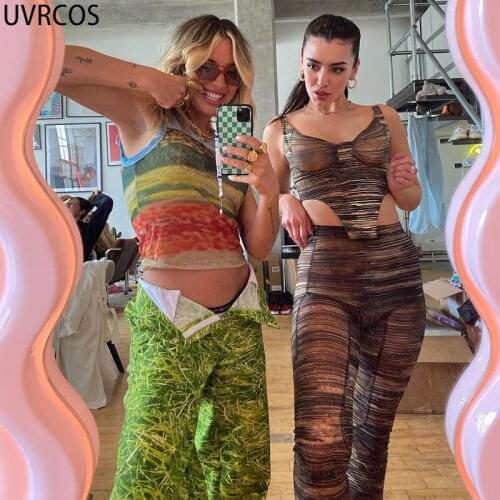 UVRCOS Womens Clothing 2021 Two Piece Set Women Printing New Fashion Hipster Slim Hollow Out Tops With Flares Pants Suit Female