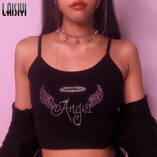 2021 Swing Diamonds Spaghetti Straps Backless Casual Summer Camis Letter Slim Trendy Navel Tops Women Trim Crop Top Streetwear