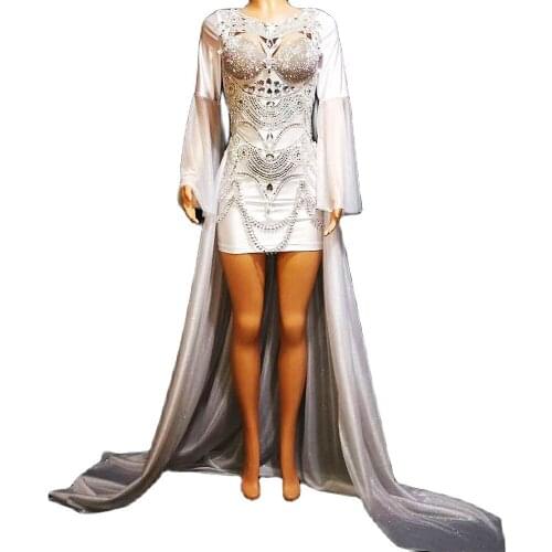 White Long Sleeve Mesh Patchwork Hollow Out Women Dress Bag Hip Shiny Diamonds Mini Dresses Long Tailing Nightclub Outfit