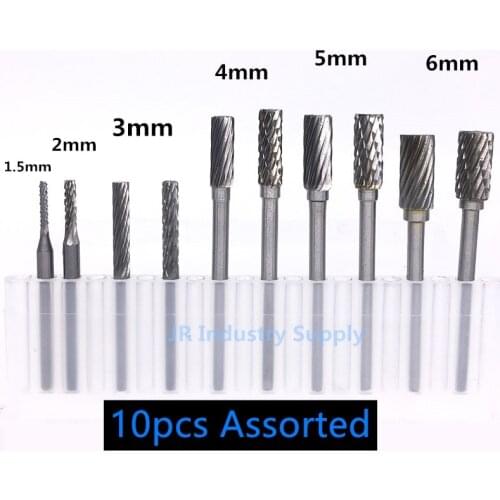 10pcs assorted 3mm shank cylinder shape tungsten carbide burrs