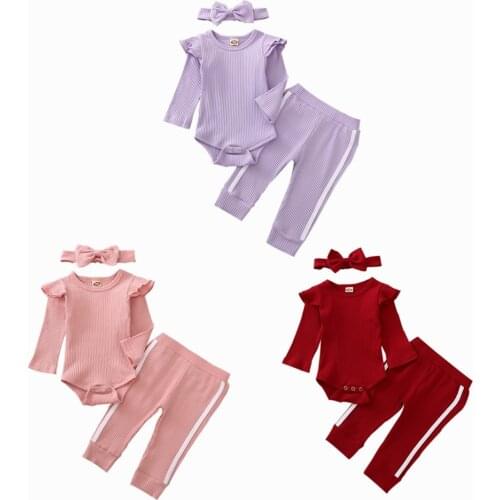 Kid Baby Girls Boys Knitting Romper Jogger Pants Round Collar Long Sleeves Ruffle Buttons Headband 3Pcs Clothes 0-18M