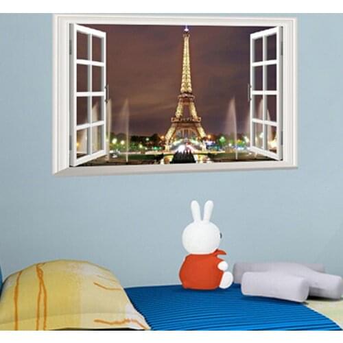 3D Window Paris Eiffel Tower Wall Sticker Art Decal DIY Mural Home Decor Tower Night Wallpaper Eco-friendly Wall Sticker