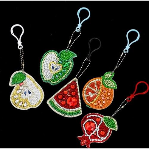 5pcs Resin Keychain Cute Cartoon Fruit 5D Diamond Painting Key Ring for Lovely Women Bag Jewelry Handmake Gifts