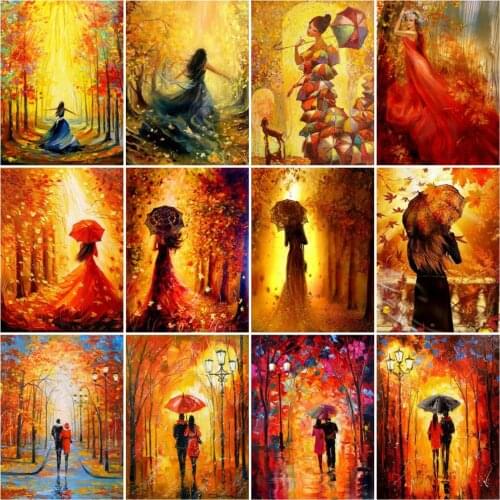 HUACAN Diamond Painting 5D Diy Autumn Fallen Leaves Embroidery Mosaic Woman Cross Stitch Landscape Diamond Art