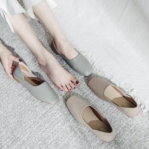 Genuine leather square toe flats ballet shoes women slip on shallow mouth loafers soft sole non-slip 2020moccasins big size35-42