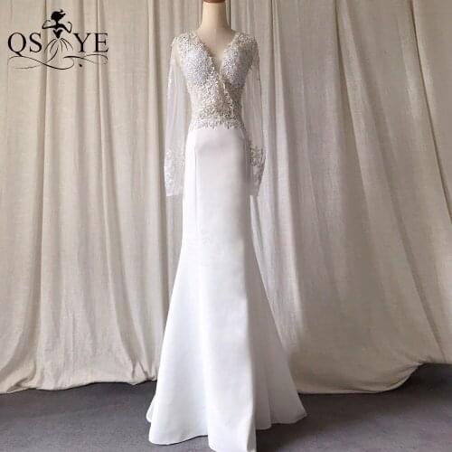 White Long Sleeves Prom Dress Stretch Mermaid Women Bride Gown Sequin Appliques Formal Party Dress V Neck Lace Evening Illusion
