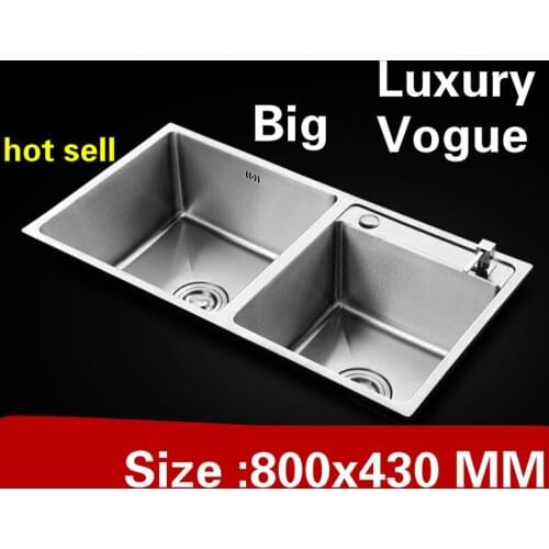 Free shipping Apartment wash vegetables luxury big kitchen manual sink double groove 304 stainless steel hot sell 80x43 CM