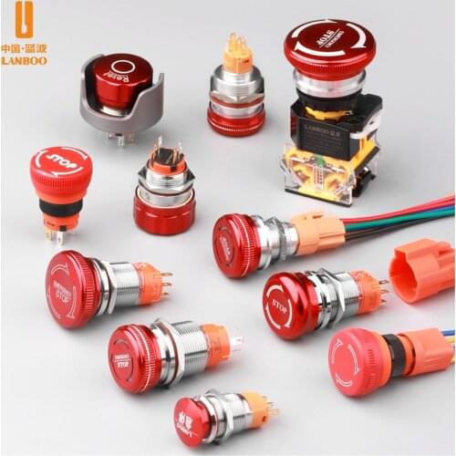 16mm 19mm 22mm waterproof IP65 Mushroom emergency stop push button switch with led light luminescence