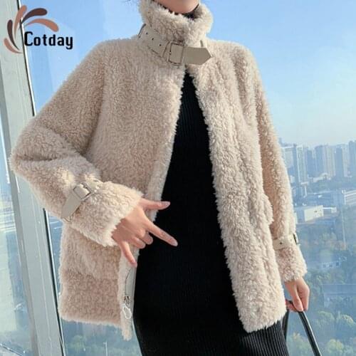 Cotday Pocket Granular Sheep Shearing Lamb Fur Grass Coat Integrated 2021 Winter New Casual Women Clothing Korean Fur Coat