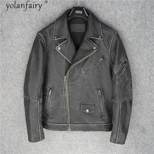Vintage Genuine Leather Jacket Men 100% Cowhide Coat Short Biker Motorcycle Mens Leather Jackets and Coats Spring Autumn 2021