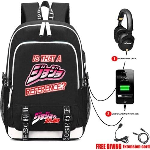 Jo Jo Bizarre Adventure Book bag Rucksack Student School Bag For Boys Girls Travel Backpack USB Port Mochila Black Backpack