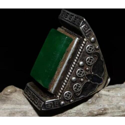 Collection Chinese old Tibetan silver cloisonne inlaid green stone jade ring ornament