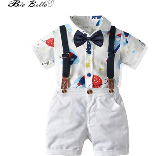 Fashion Boys Clothes Set Summer Short Sleeve Boys Space Print Bodysuits+Bibs White Shorts 2PCS Sets Gentleman Formal Suit