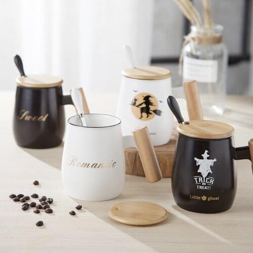 Creative Ceramic Mug With Wooden Handle+Lid+Spoon Tea Cup Coffee Milk Juice Drinking Cups Best Gifts For Friends