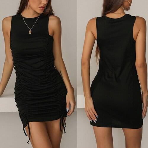 Summer Black Party Dress Women Side Drawstring Pleated Hip Pack Sexy Dress Slim Round Neck Sleeveless Vest Pencil Bodycon Dress