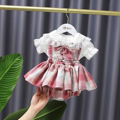 Summer Baby Girls Lovely Bow Bud Silk Shirt + Grid Braces Dress Children Baby Infants Cute Princess 2pcs Sets Kids