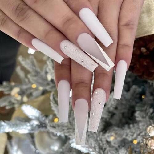 24pcs Fake nails long Frosted V-shaped French wearable false nails Detachable Full Cover with designs Coffin Ballerina Nail
