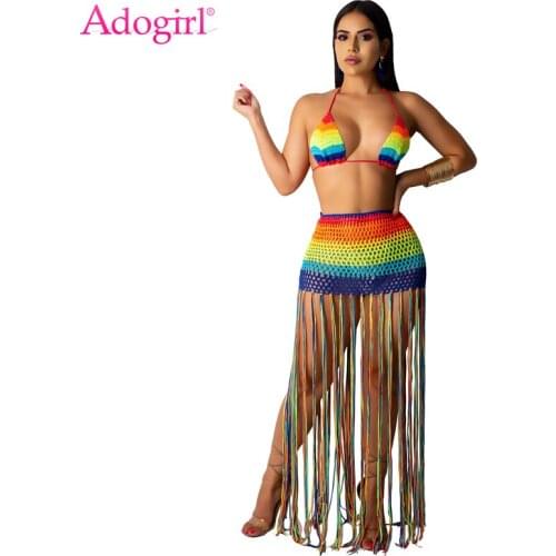 Adogirl Rainbow Hand Crochet Beach Two Piece Set Dress Halter Swimwear Bra Top Tassel Maxi Skirt Hollow Out Bohemian Dresses