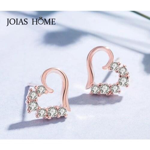 JoiasHome Heart Shaped Stud Earrings For Women Silver 925 Jewelry With 5A Zircon Silver Rose Gold Color Wedding Party Gift