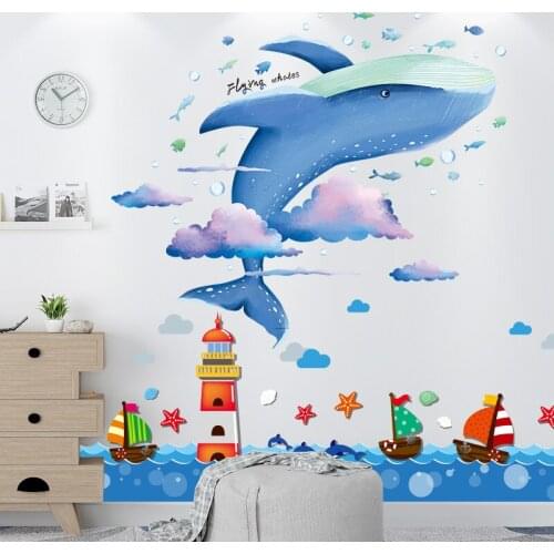 [SHIJUEHEZI] Cartoon Whale Animals Clouds Wall Stickers DIY Lighthouse Boats Mural Decals for Kids Rooms Baby Bedroom Decoration