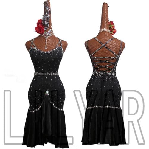 Customized new latin dance dress cha cha children adult performance clothes black sleeveless backless strappy dance skirt