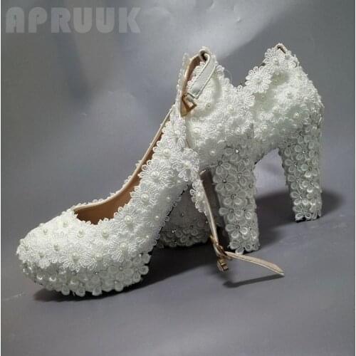 11CM high heels block heeled white lace pearls bridal wedding shoes bride luxury handmade full lace ankle straps bridal pumps