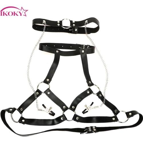 IKOKY O Ring Sex Toys For Women Nipple Clamps Role Play SM Bondage Breast Clips Mouth Gag Body Harness Restraints PU Leather