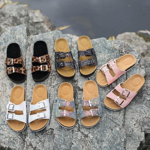 Women Summer Cork Slippers Outdoor Beach Flat Slides Ladies Double Buckle Sequins Casual Sandals Printed Non-Slip Water Shoes