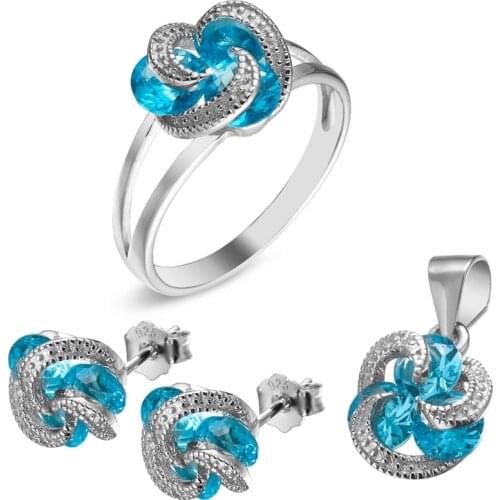 Eulonvan 925 sterling silver women Engagement Wedding jewelry sets (ring/earring/pendant) Light blue Cubic Zirconia S-3737set