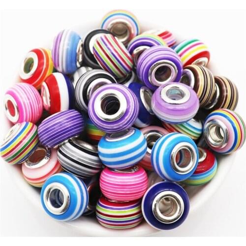 10Pcs/Lot Cheap Mixed Color Rainbow Stripe Large Hole Round Jewelry Beads Charms Fit DIY American Women Pandora Bracelet Bangle
