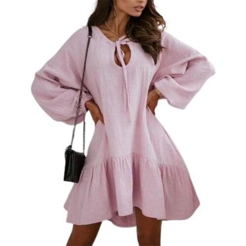 2021 Women Dress Fashion Cute O-Neck Long Puff Sleeve Tie-up Cotton Flax Spring Summer Sexy Hollow Out Ruffle Party Dresses