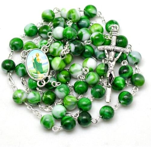 Acrylic Fashion Cross Religious Rosary Necklace Green Beads Party Wedding Women Gifts Wholsale