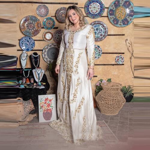 White Moroccan Caftan Evening Dress V-Neck Floor Length Summer Dress With Applique Saudi Arabia Prom Dress Plus Size Custom Made