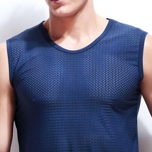Mesh sleeveless mens health vest youth ice silk hollow breathable wide shoulder vest V-neck plus loose vest bottoming