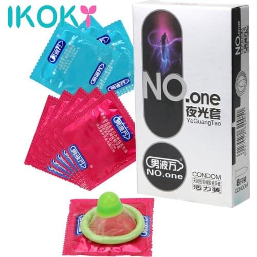 IKOKY Ultra Thin Ejaculation Delayed Night Glowing 8 Pcs/Box with Lubricated Luminous Cock Condom Latex Penis Sleeve