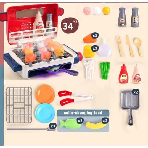 Kitchen Pretend Toys Kitchen Play Toys BBQ Grill Simulation Spray Cooking Oven with Food Accessories Gift for Kids Girls Boys