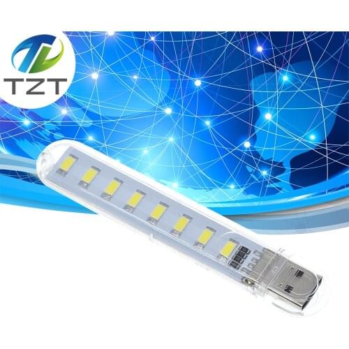 TZT Mini Protable USB Night light 8leds 5730 SMD Book lights 5V For PC Laptops Computer Mobile Power Camping lamp white color