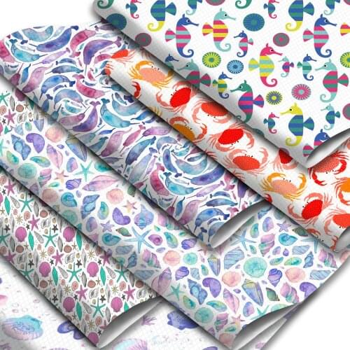 Ocean Series Synthetic Leather Fabric Roll Star Shell Seahorse Crab Pattern Printed Faux Leather Sheets for Earrings Making