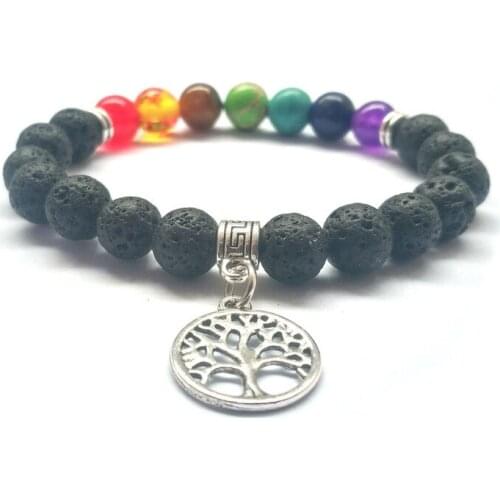 OM Tree of Life 8mm Energy 7 Chakras Black Lava Stone Bracelet DIY Aromatherapy Essential Oil Diffuser Bracelet Yoga Jewelry